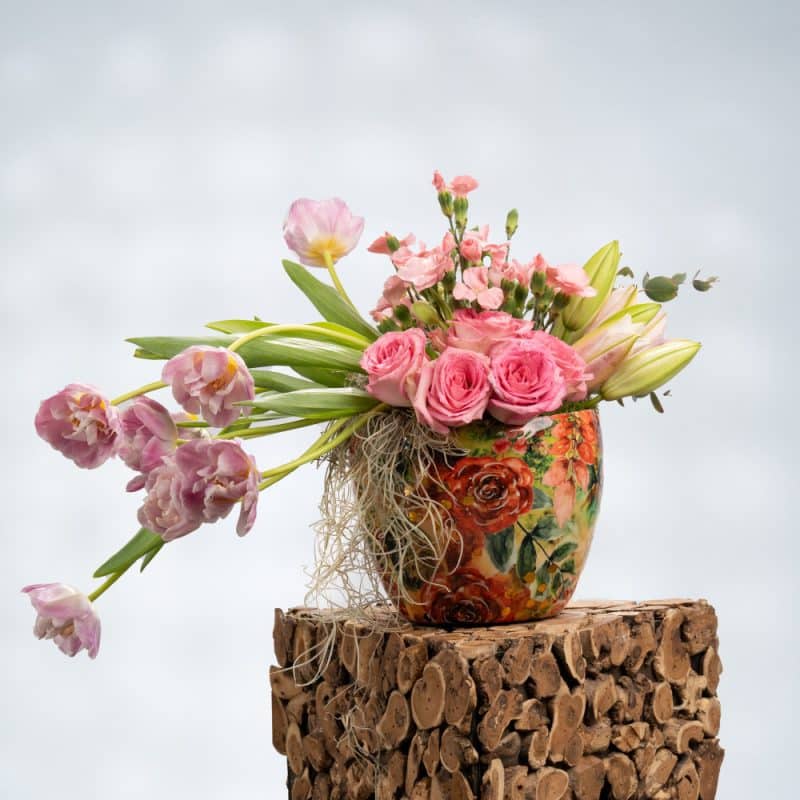 Pink Tulips, Pink Roses, Pink Mixed Flowers & Lilies in Metal Pot – 40cm