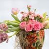 Pink Tulips, Pink Roses, Pink Mixed Flowers & Lilies in Metal Pot – 40cm