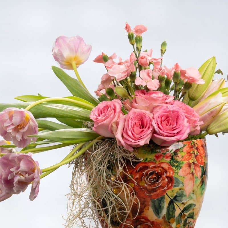 Pink Tulips, Pink Roses, Pink Mixed Flowers & Lilies in Metal Pot – 40cm