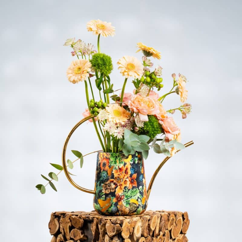 Peach Roses, Gerbera & Carnation in Designer Pot