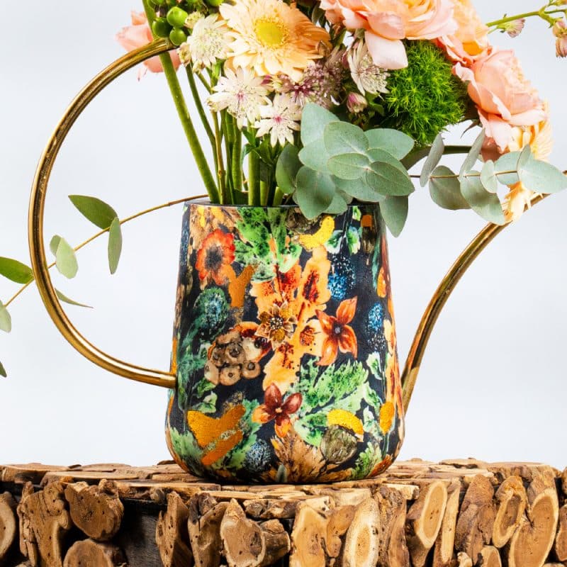 Whimsical Garden: Peach Roses, Gerbera & Carnation in Designer Pot