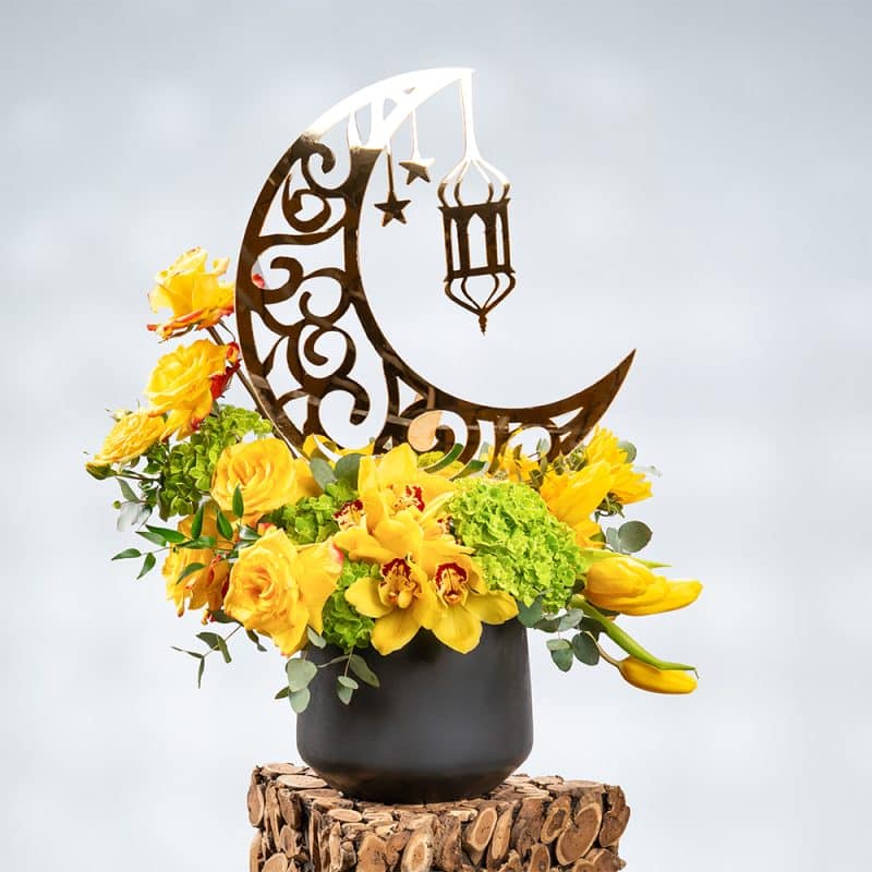 Yellow Roses, Cymbidium, Tulips & Greens in Metallic Pot – 55cm