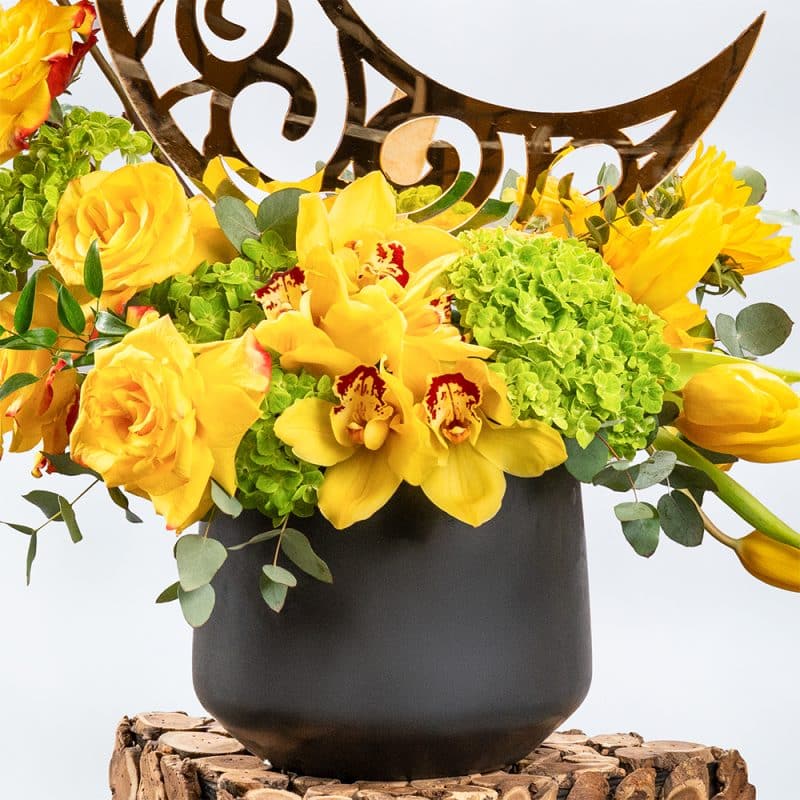 Yellow Roses, Cymbidium, Tulips & Greens in Metallic Pot – 55cm