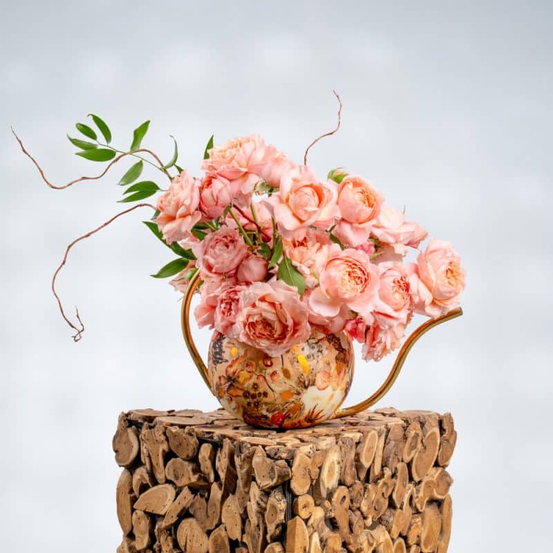 Charming Peach Spray Roses & Italian Ruscus in Designer-Pattern Metal Pot – 35cm