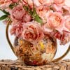Charming Peach Spray Roses & Italian Ruscus in Designer-Pattern Metal Pot – 35cm