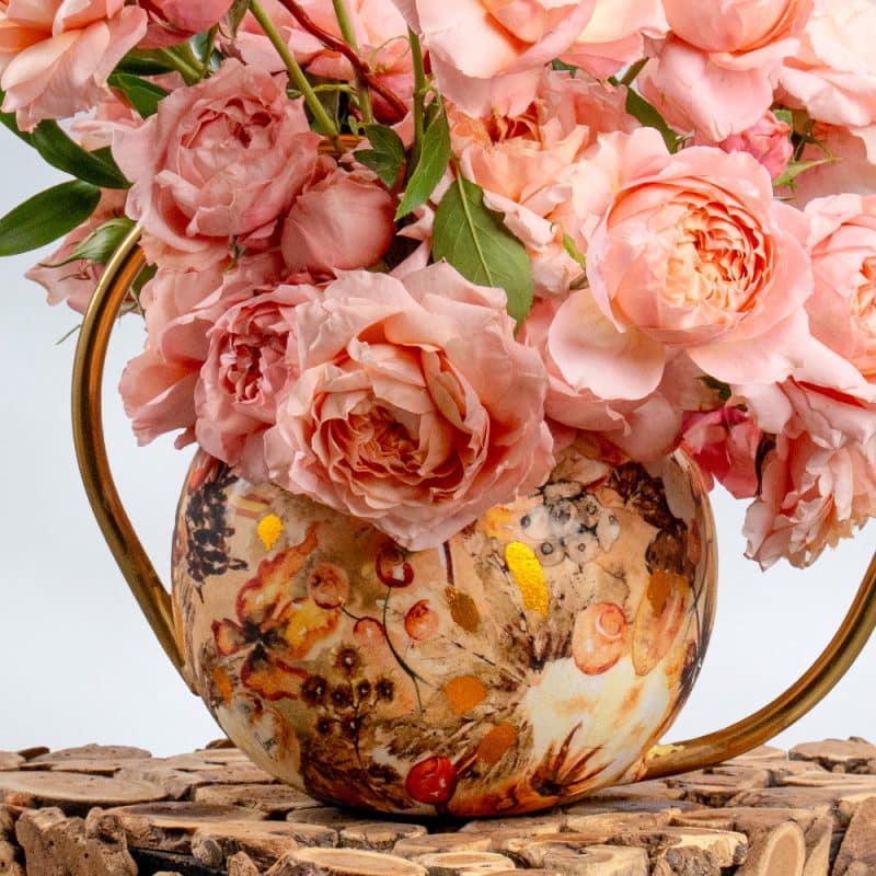 Charming Peach Spray Roses & Italian Ruscus in Designer-Pattern Metal Pot – 35cm
