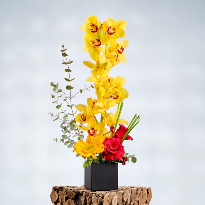Rustic Beauty with Red Roses, Cymbidium, and Sunflowers