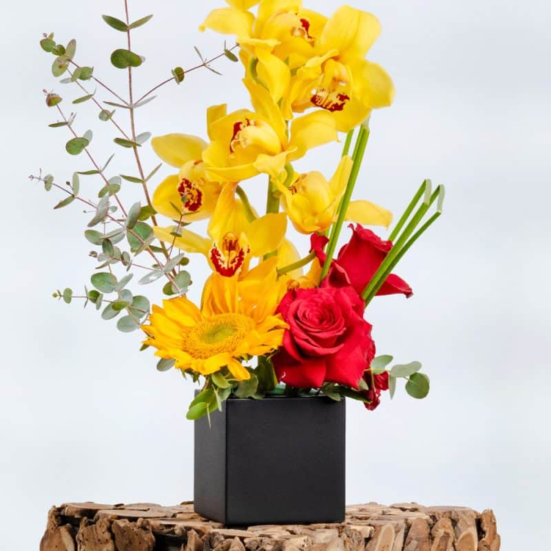 Rustic Beauty with Red Roses, Cymbidium, and Sunflowers
