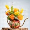 Yellow Roses, Yellow Tulips, Orange Roses, Green Bells & Green Hypericum in Metal Pot – 30cm