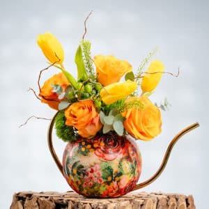 Yellow Roses, Yellow Tulips, Orange Roses, Green Bells & Green Hypericum in Metal Pot – 30cm