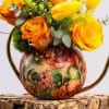 Yellow Roses, Yellow Tulips, Orange Roses, Green Bells & Green Hypericum in Metal Pot – 30cm