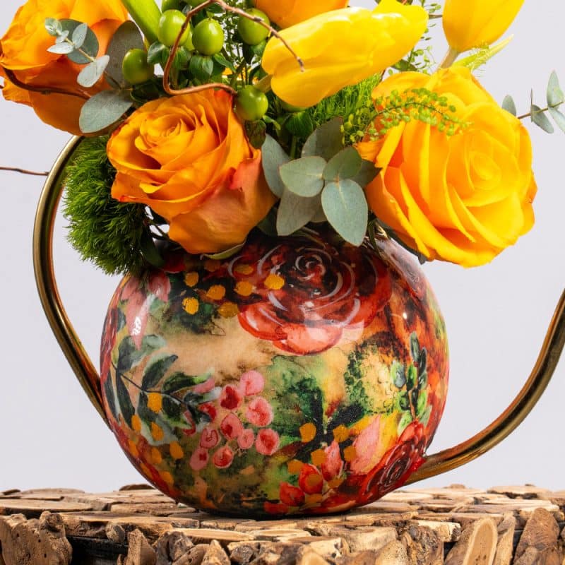 Yellow Roses, Yellow Tulips, Orange Roses, Green Bells & Green Hypericum in Metal Pot – 30cm