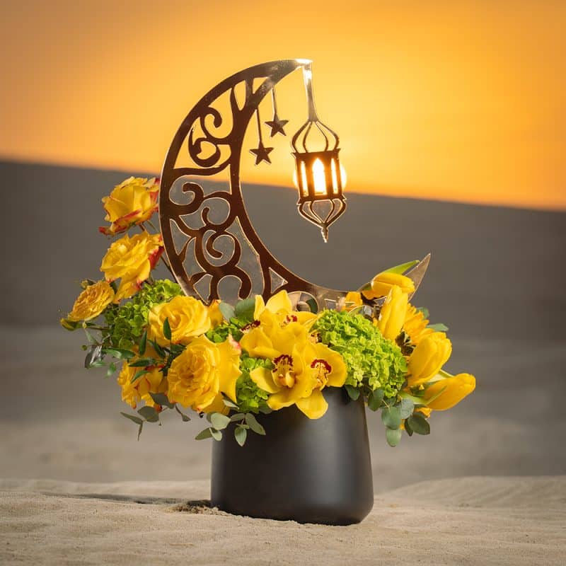 Yellow Roses, Cymbidium, Tulips & Greens in Metallic Pot – 55cm