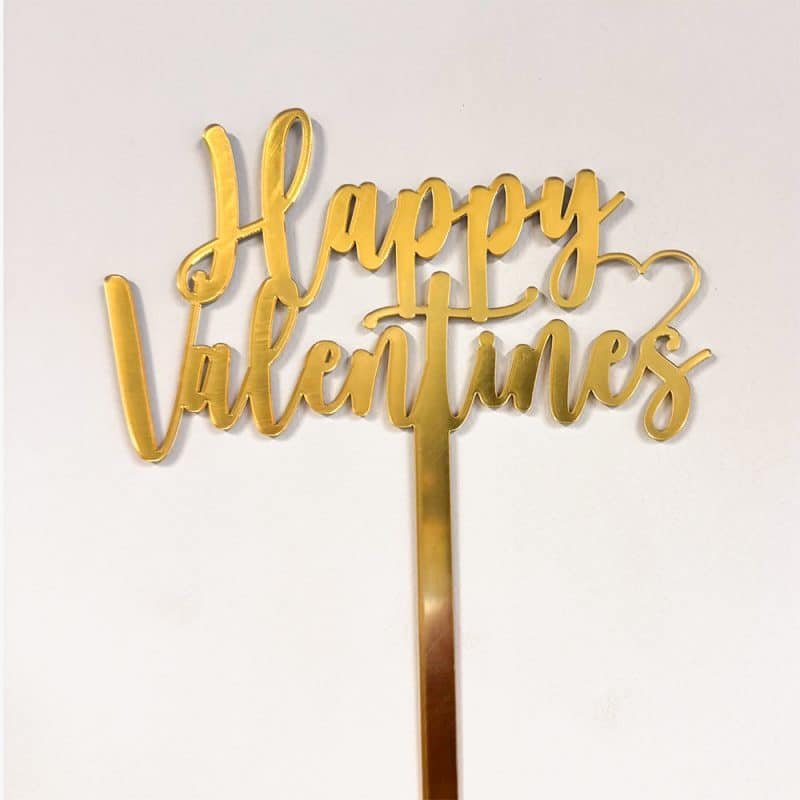 Happy Valentine's Day Acrylic Flower & Cake Topper - Gold Mirror
