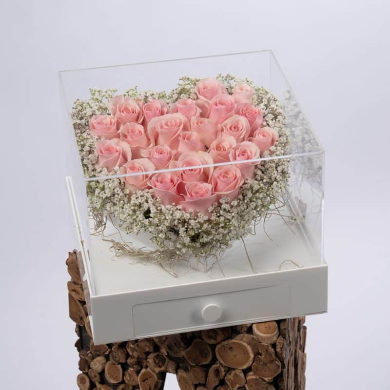 Delicate Love: Gypsophila and Pink Roses in an Acrylic Box with Chocolate