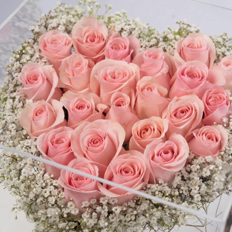 Delicate Love: Gypsophila and Pink Roses in an Acrylic Box with Chocolate