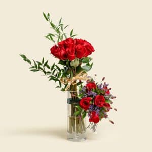 Elegant bouquet with Roses, Italian Ruscus, Limonium & Sanguisorba. A romantic floral gift for anniversaries, birthdays & special occasions.