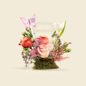 White Tulips, Astilbe & Orange Roses in Acrylic Handbag with Teacher’s Day Tag