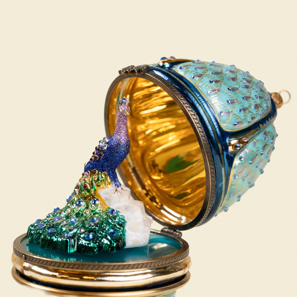 3.3 Komozja Crystal Peacock Hinged Fabergé-Style Egg – Handcrafted Luxury Ornament